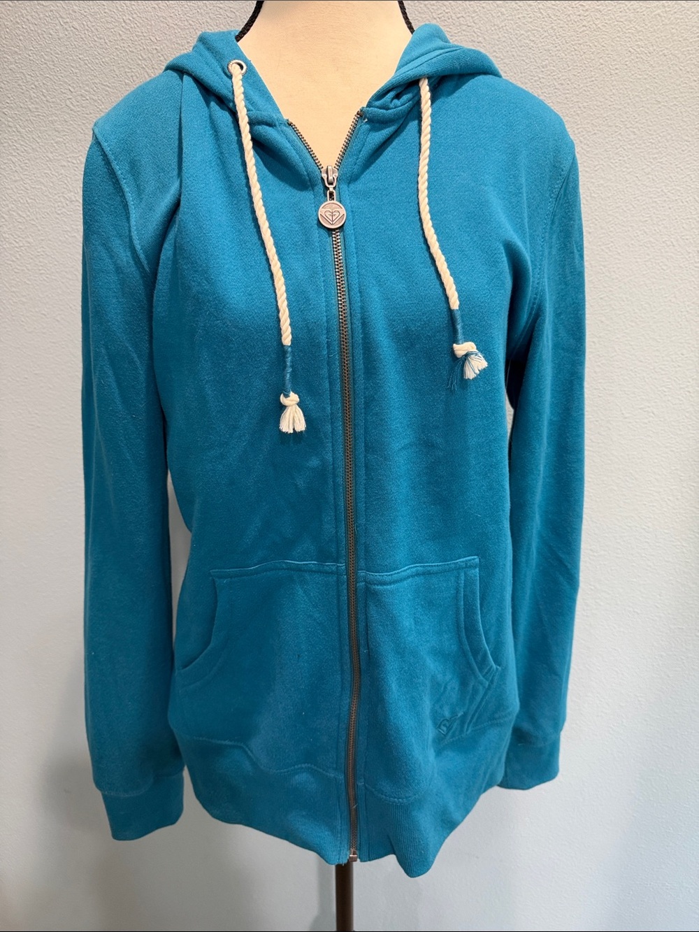 Roxy Large Hooded Zip-Up in Turquoise with Cream Script Drawcord